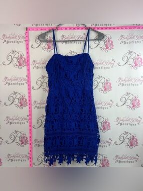 ASTR dress crochet style floral Royal Blue Lace Mini Dress with Spaghetti Straps